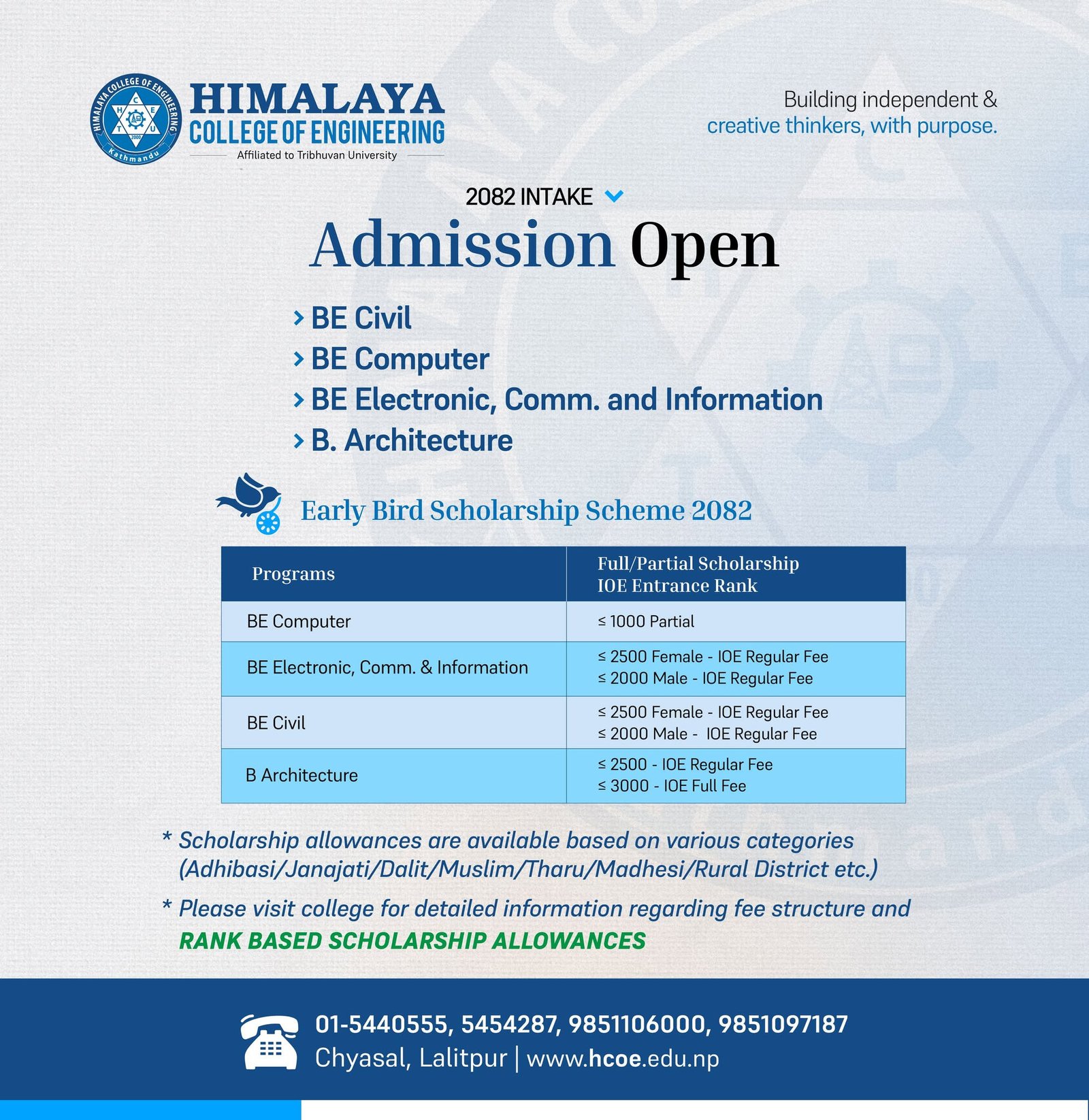 Admission Open: Early Bird Scholarship Scheme 2082