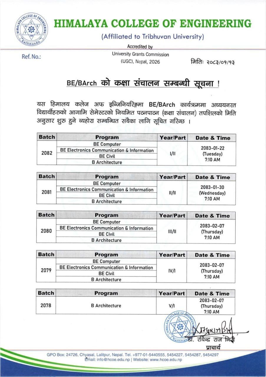 BE/BArch को कक्षा सञ्चालन सम्बन्धी सूचना !